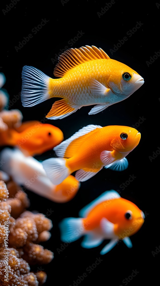 Close-up of a school of reef fish swimming gracefully through a complex coral landscape, with bright hues and detailed textures Close-up of a school of reef fish swimming gracefully through a complex coral landscape, with bright hues and detailed textures