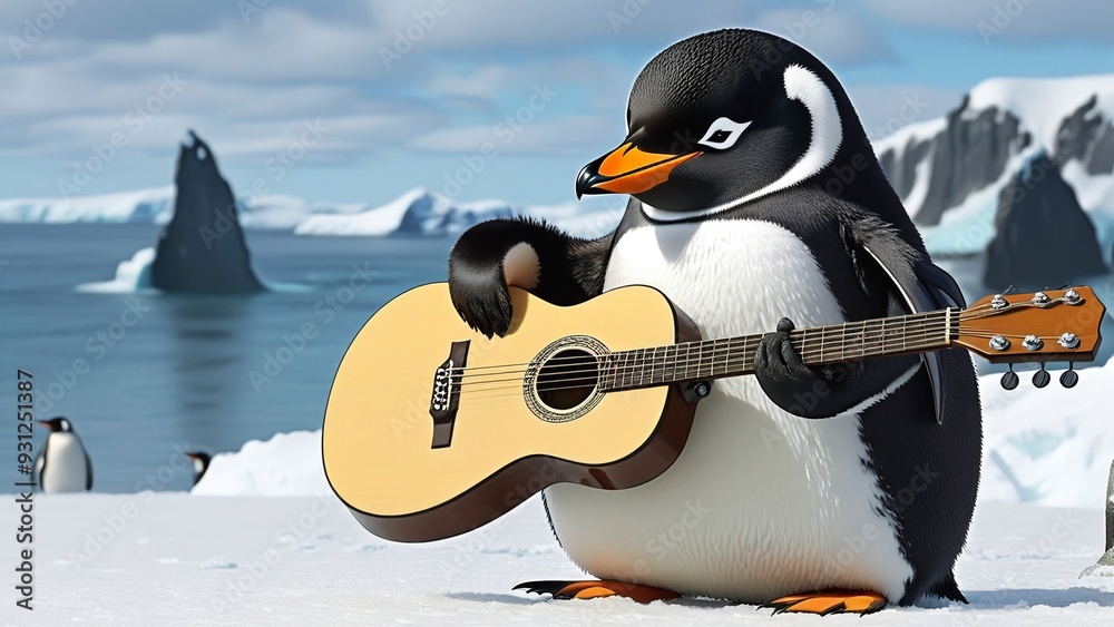 Obraz premium a penguin playing guitar with a guitar in the snow.