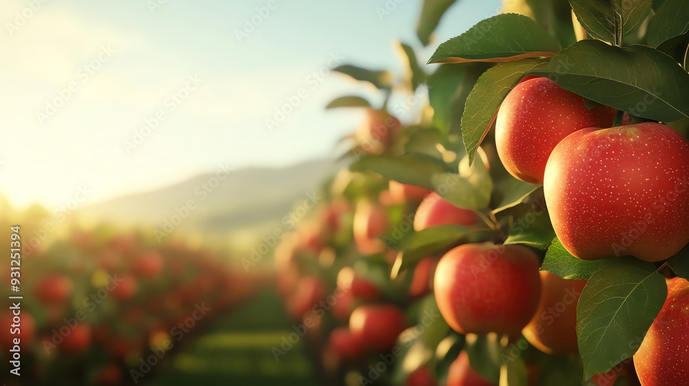 Obraz premium Organic apple orchard, trees full of ripe apples.