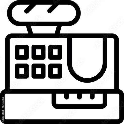 Line art icon of a cash register with a loaf of bread on top, symbolizing a purchase at a bakery