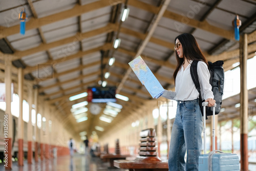 A woman is standing in a train station with a map in her hand