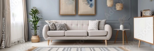 Burlap artwork displayed on a gray wall above a white cabinet in a brightly lit living room featuring a sofa and rug. photo