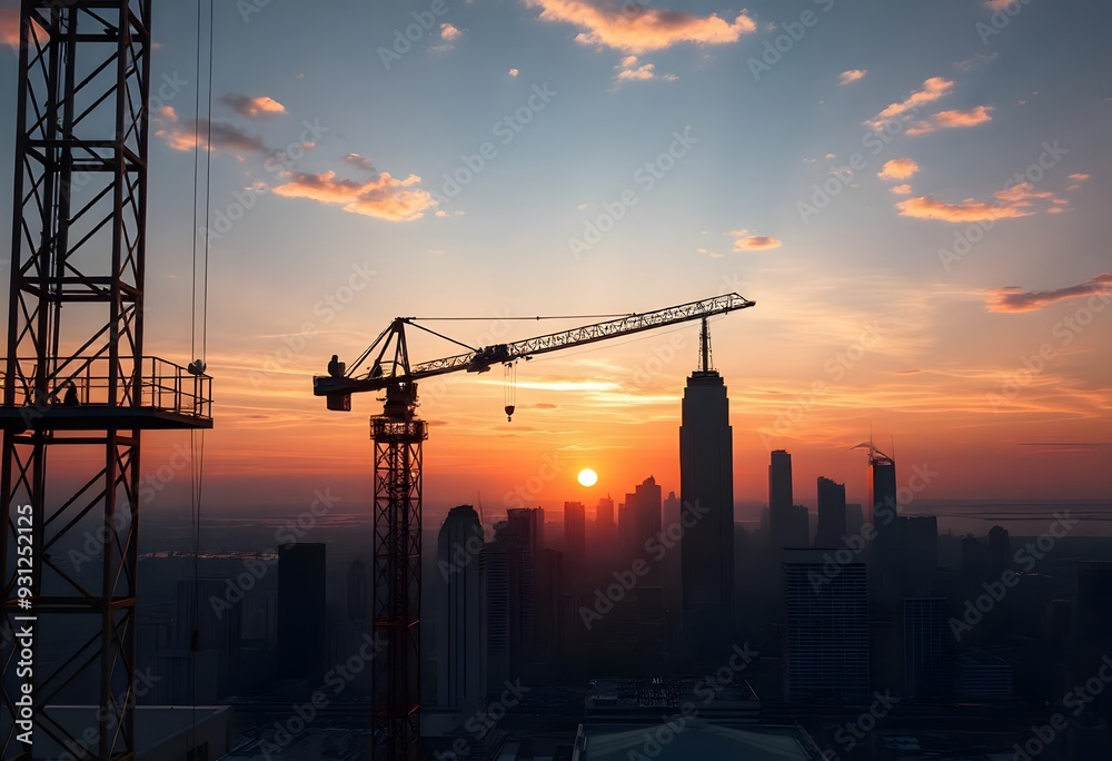 A construction crane silhouetted against a vibrant orange and pink sunset sky, with the skyline of a large city visible in the background A construction crane silhouetted against a vibrant orange and pink sunset sky, with the skyline of a large city visible in the background