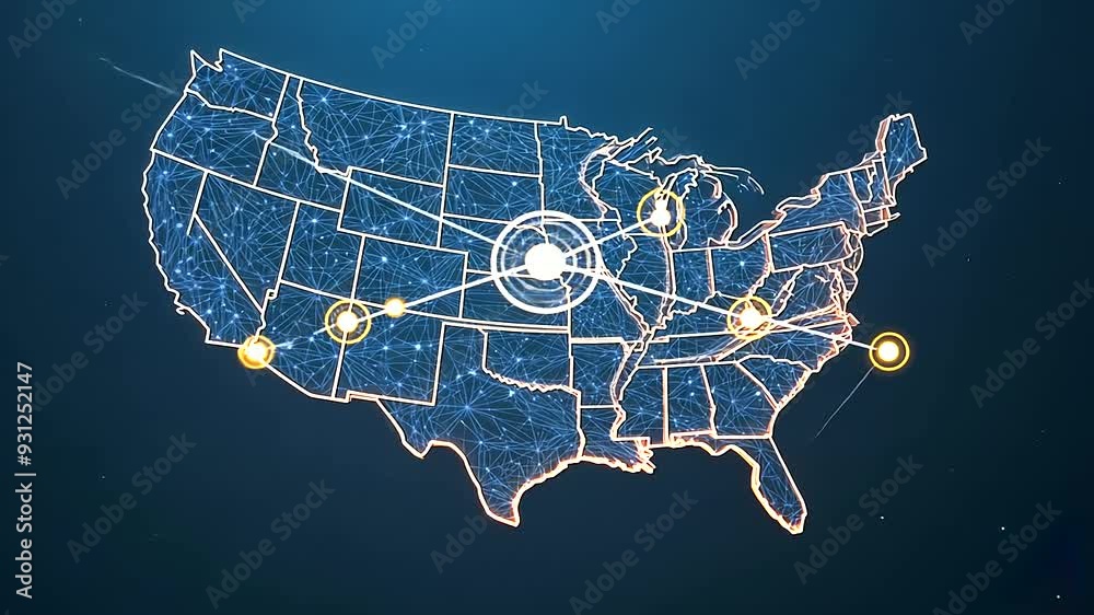 A vibrant neon outline of the United States map glowing against a dark background, symbolizing energy and nationwide connectivity