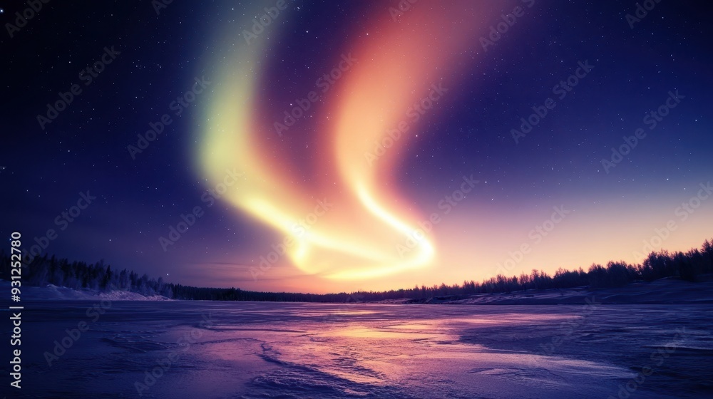 A stunning display of the aurora borealis over a frozen landscape at dusk. A stunning display of the aurora borealis over a frozen landscape at dusk.