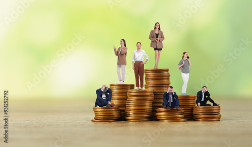 Cuadro en lienzo Women standing on higher stacks of coins than men against blurred background, ba