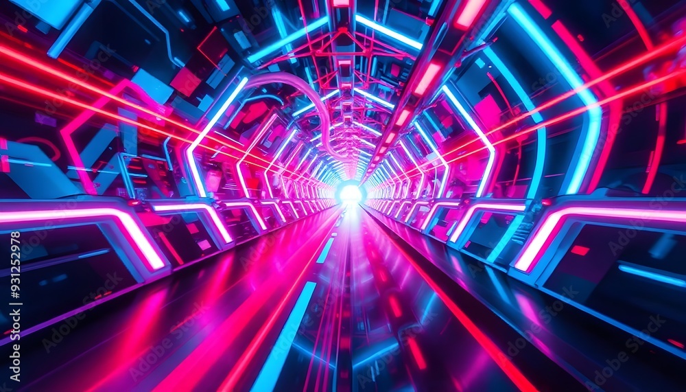 Obraz premium A futuristic, neon-lit tunnel with a red circular light at the end, surrounded by blue and pink streaks of light creating a sense of speed and motion