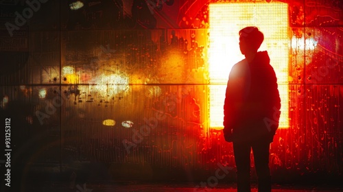 A silhouette stands in front of a vibrant red light amidst raindrops  creating a moody urban atmosphere at night.