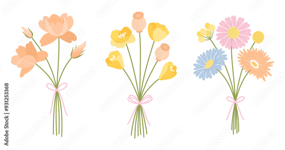 Obraz premium Set of three bunch wildflowers. Floral bouquet. Flowers tied with ribbon, vector illustration. Meadow herbs, and wild plants for design projects