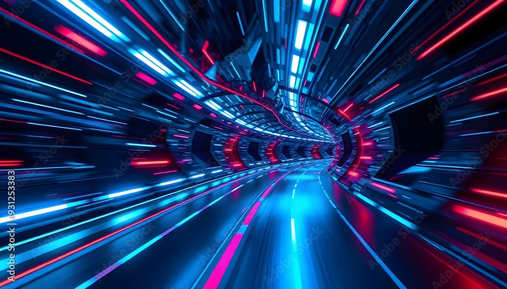 A futuristic, neon-lit tunnel with a red circular light at the end, surrounded by blue and pink streaks of light creating a sense of speed and motion A futuristic, neon-lit tunnel with a red circular light at the end, surrounded by blue and pink streaks of light creating a sense of speed and motion