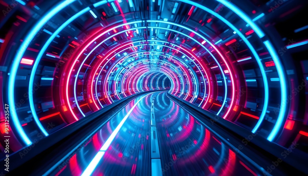 A futuristic, neon-lit tunnel with a red circular light at the end, surrounded by blue and pink streaks of light creating a sense of speed and motion A futuristic, neon-lit tunnel with a red circular light at the end, surrounded by blue and pink streaks of light creating a sense of speed and motion