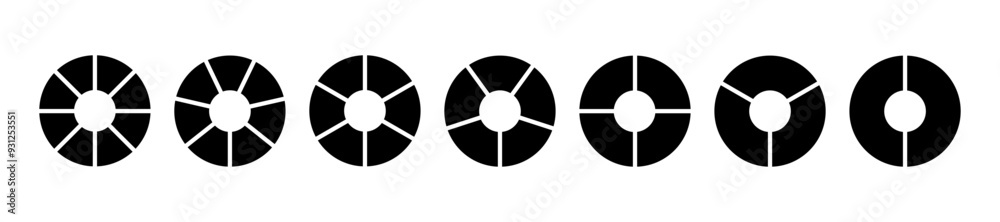 Circle division infographic icon set. Pie chart divided 6,7,8 equal parts. Ring or donut round diagram. Infographic wheel segment and fraction. Vector illustration isolated on white background. Circle division infographic icon set. Pie chart divided 6,7,8 equal parts. Ring or donut round diagram. Infographic wheel segment and fraction. Vector illustration isolated on white background.