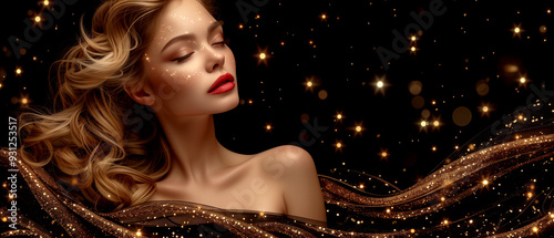 A woman with long hair and red lipstick is lying on a bed with a gold and silver fabric draped over her. The fabric is covered in glitter, giving the impression of a glamorous and luxurious setting