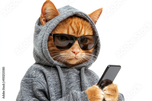 A humorous image of a cat dressed in a gray hoodie while holding a smartphone. Captures a modern-day, relatable and funny scenario.