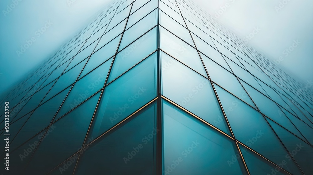 Fototapeta premium Low angle view of a modern building with a grid of glass panels.