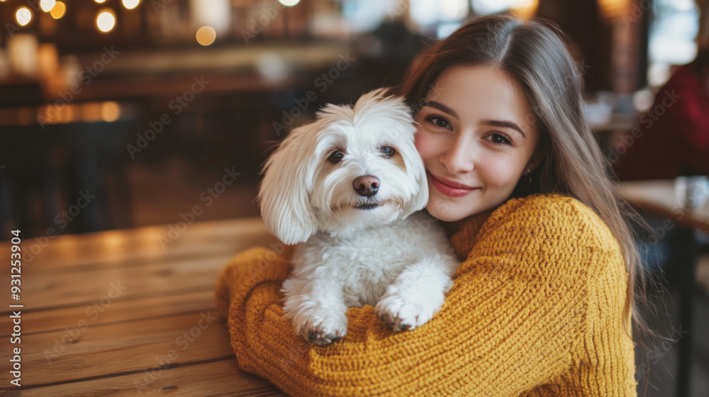 Beautiful woman holding her white dog in her arms, sitting at a wooden table in a cozy coffee Beautiful woman holding her white dog in her arms, sitting at a wooden table in a cozy coffee