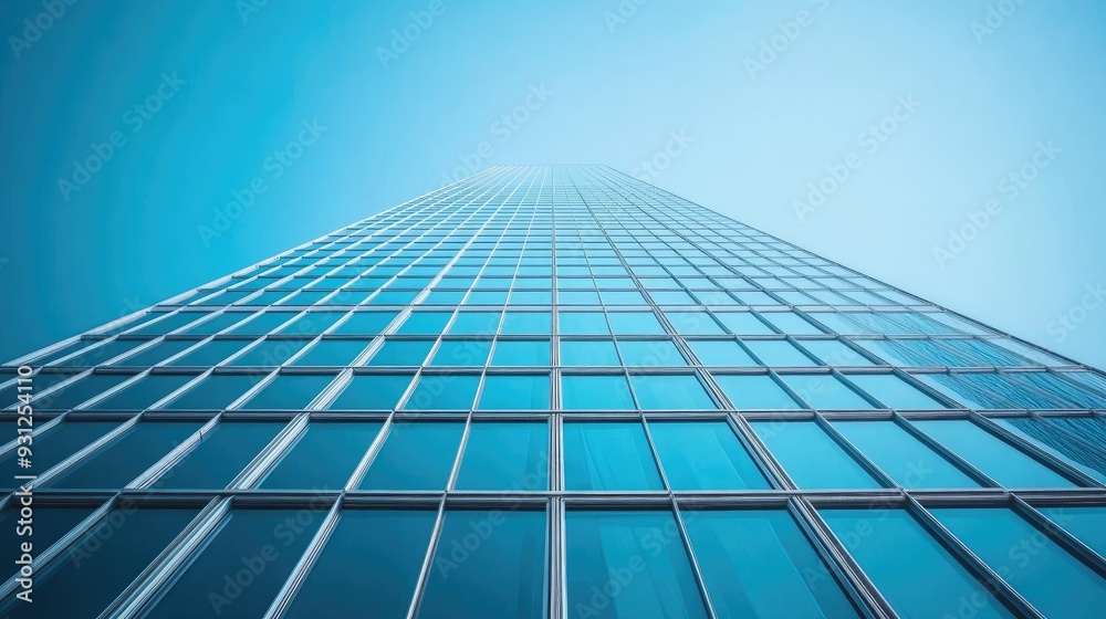 Low angle view of a modern building with blue glass windows against a blue sky. Low angle view of a modern building with blue glass windows against a blue sky.