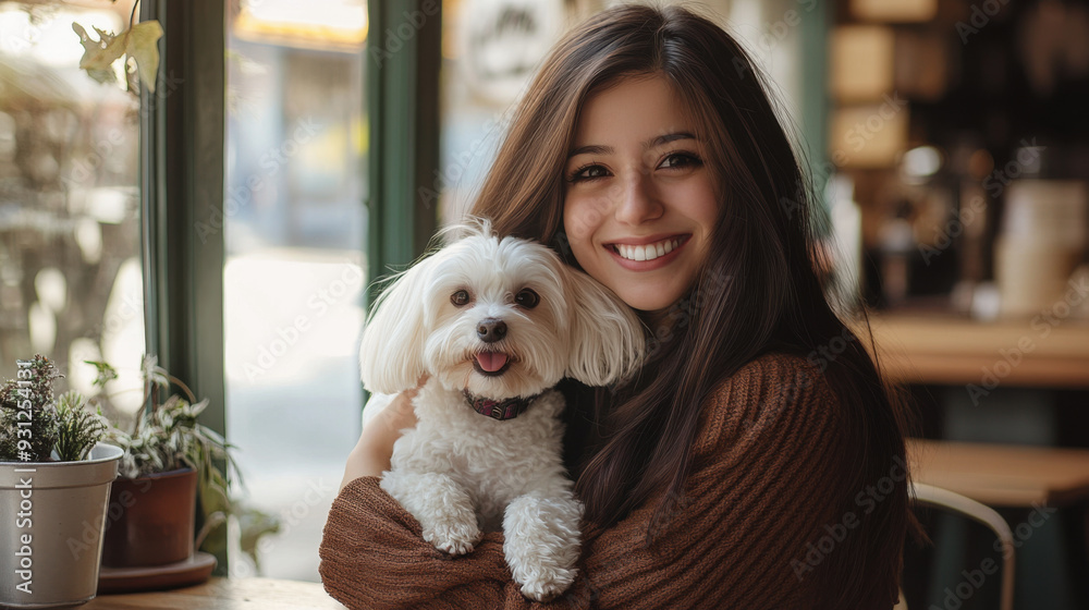 Beautiful woman with a soft smile, holding her little white dog close while sitting in a chic Beautiful woman with a soft smile, holding her little white dog close while sitting in a chic