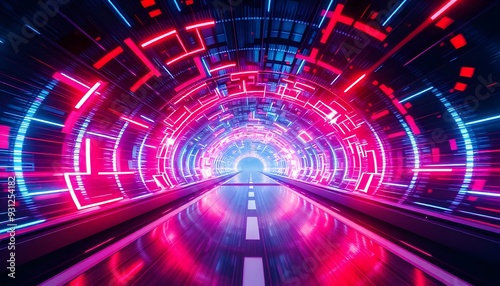 A futuristic tunnel with vibrant red and blue neon lights, creating a dynamic and abstract visual effect