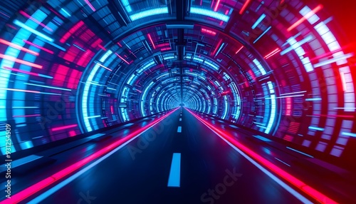 A futuristic tunnel with vibrant red and blue neon lights, creating a dynamic and abstract visual effect