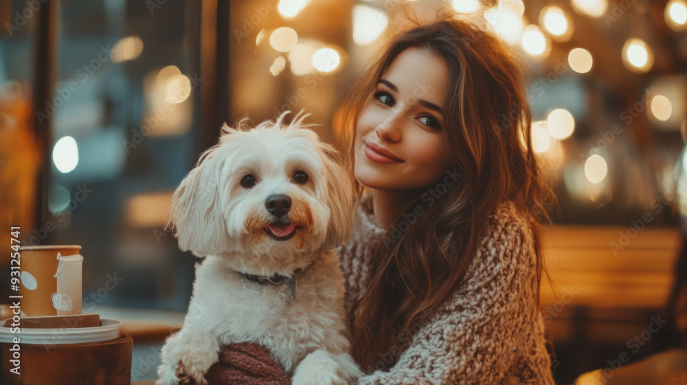 Beautiful young woman with her cute white dog, sitting in a cozy coffee shop with warm lighting. Beautiful young woman with her cute white dog, sitting in a cozy coffee shop with warm lighting.