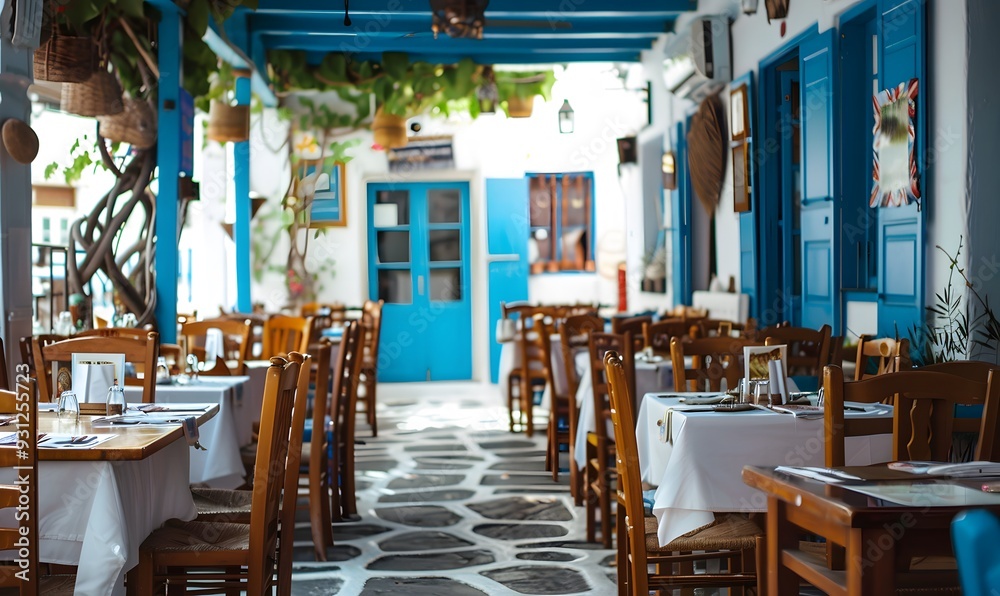 Fototapeta premium Chairs with tables in typical Greek tavern in Little Venice part of Mykonos town, Mykonos island, Greece. 