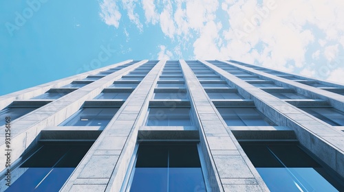 Low angle view of a modern skyscraper with blue sky and clouds in the background.