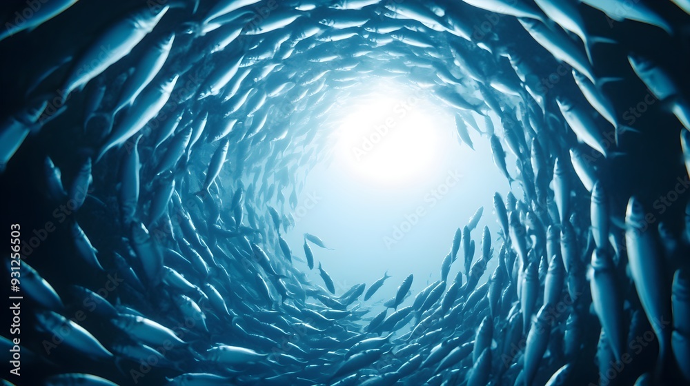 Fish moving in a dense, tight formation through a coral canyon Fish moving in a dense, tight formation through a coral canyon