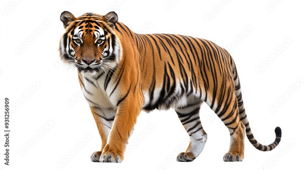 Obraz premium A Bengal tiger with orange and black stripes stands on a white background.