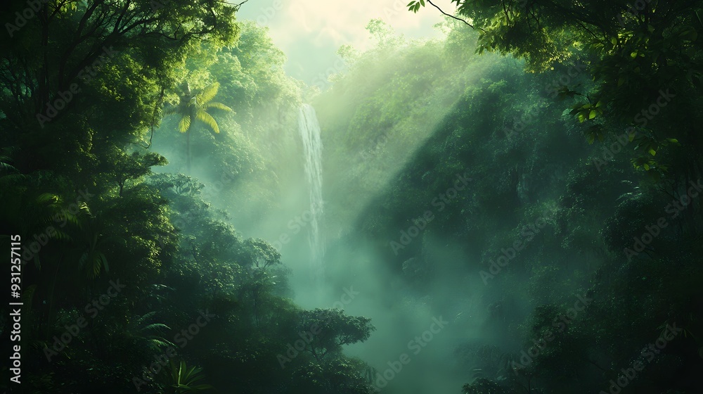 A misty waterfall hidden deep within a lush green jungle. A Jurassic Park-Inspired. A misty waterfall hidden deep within a lush green jungle. A Jurassic Park-Inspired.
