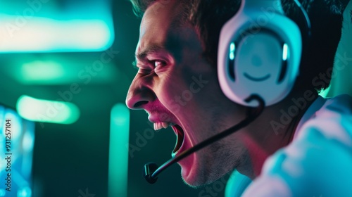 Excited Gamer Wearing Headset Engaged in Competitive eSports Event, Focused Team Members Immersed in Online Multiplayer Gaming, Vibrant and Intense Gaming Environment, Teamwork and Strategy in Action