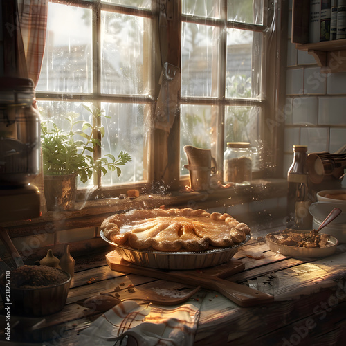 Freshly Baked Chocolate Pie Cooling on Rustic Kitchen Window Sill