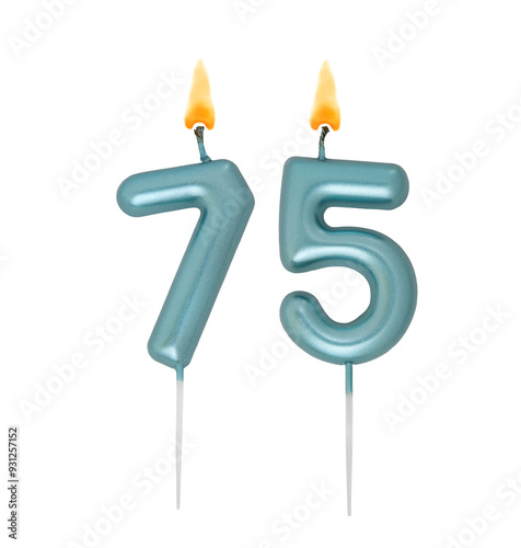 Burning blue birthday candles isolated on white background, number 75 photo