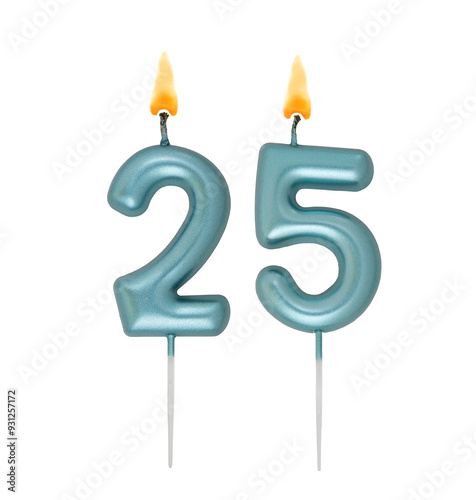 Burning blue birthday candles isolated on white background, number 25