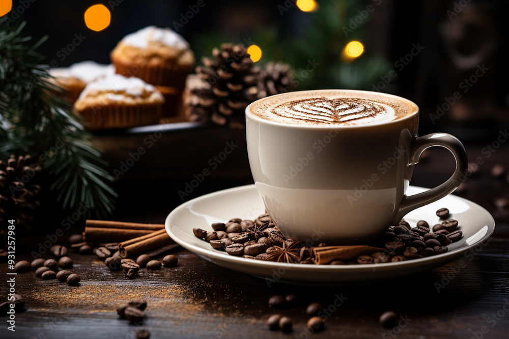 Festive Cappuccino with Cinnamon and Christmas Decor Festive Cappuccino with Cinnamon and Christmas Decor