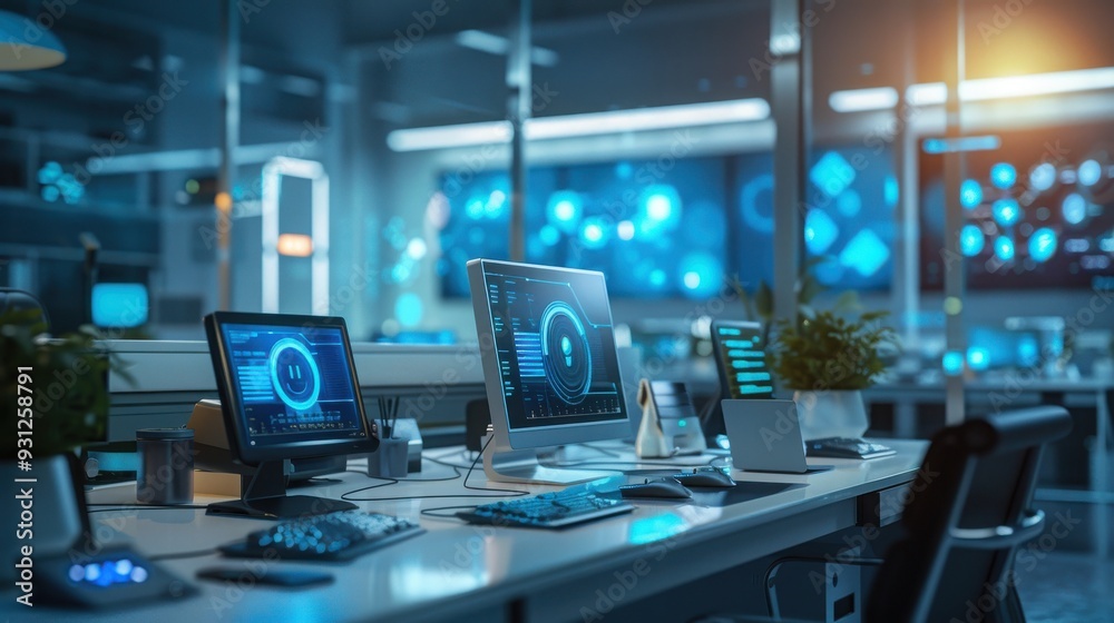 Modern office workspace with dual monitors, showcasing data visualizations and a sleek, tech-driven environment. Modern office workspace with dual monitors, showcasing data visualizations and a sleek, tech-driven environment.