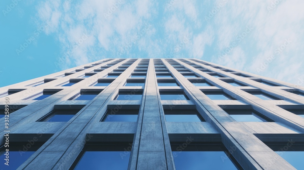 Low angle view of modern office building with blue sky. Low angle view of modern office building with blue sky.
