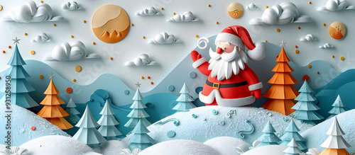 Playful Paper Santa Delivering Gifts in Whimsical Winter Wonderland Landscape