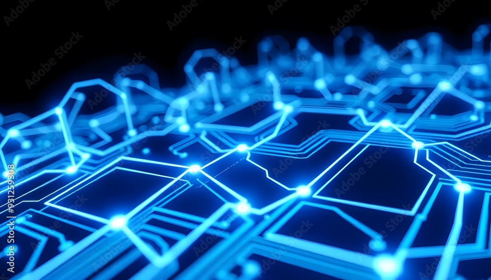 Obraz premium Abstract blue circuit board with glowing lines and lights, representing technology, electronics, or computer hardware