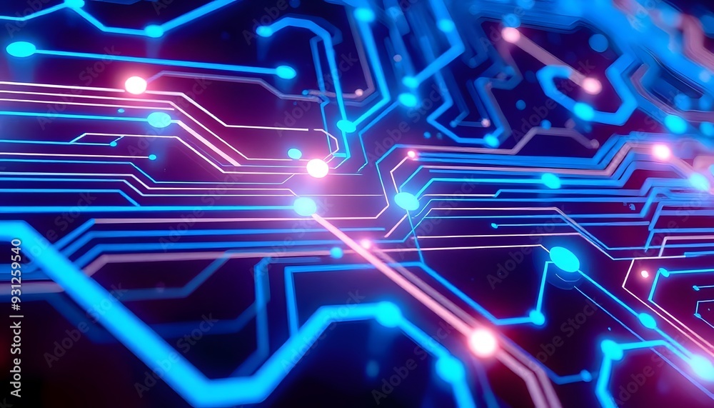 Abstract blue circuit board with glowing lines and lights, representing technology, electronics, or computer hardware