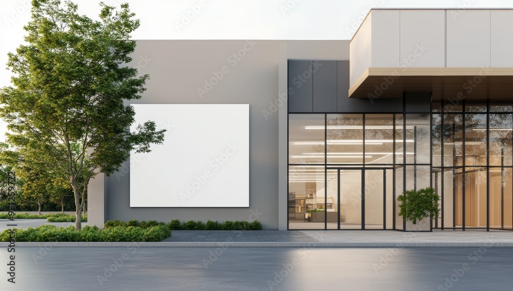 3D rendering of a blank white poster on the wall outside modern