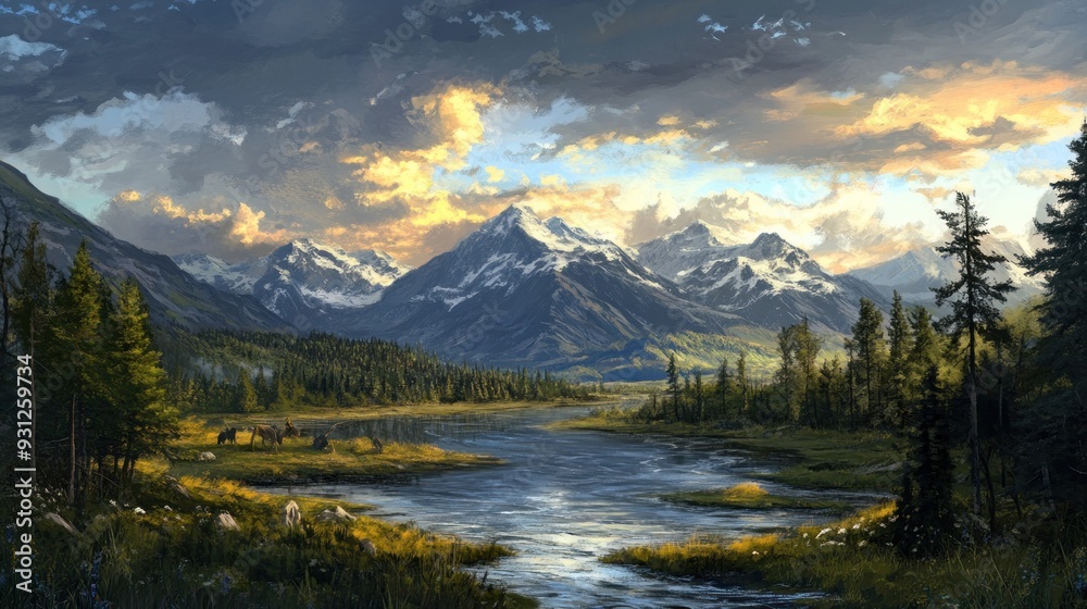 Fototapeta premium Majestic mountain range at sunset reflecting on calm river.