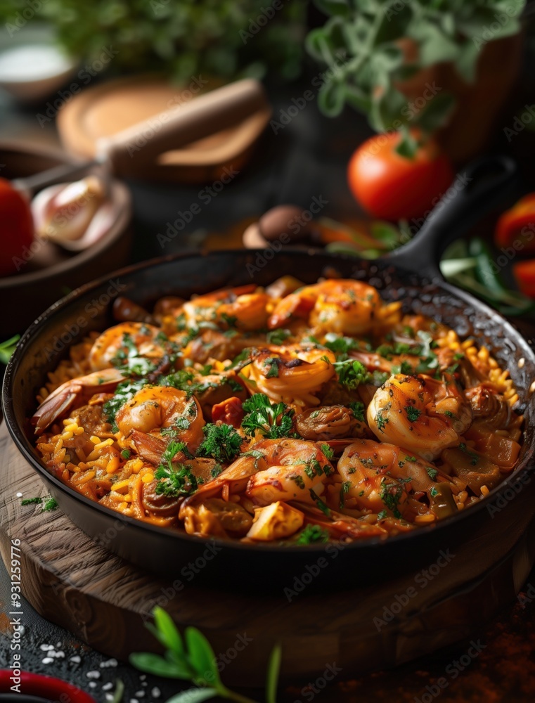 Traditional Paella in Cast Iron Pan with Rustic Ingredients Traditional Paella in Cast Iron Pan with Rustic Ingredients