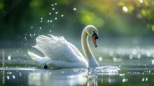 Fototapeta Naklejka Na Ścianę i Meble -  Graceful swan gliding on serene pond,