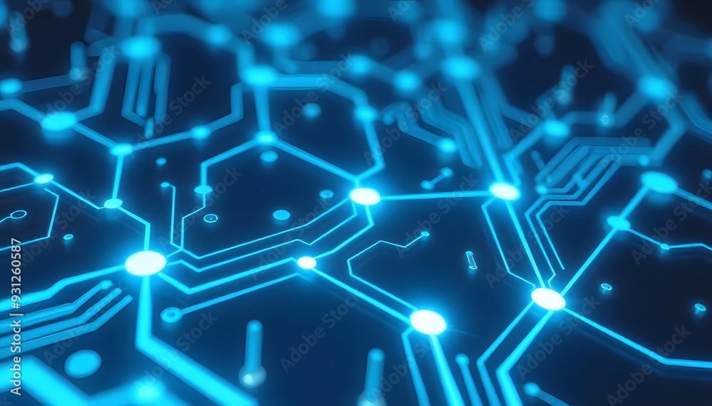 Obraz premium A close-up view of a blue-toned electronic circuit board with intricate patterns and traces