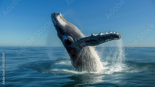 Humpback whale breaching ocean surface, spray of water,