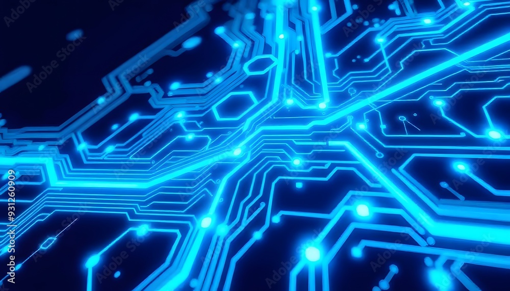 A close-up view of a blue-toned electronic circuit board with intricate patterns and traces A close-up view of a blue-toned electronic circuit board with intricate patterns and traces