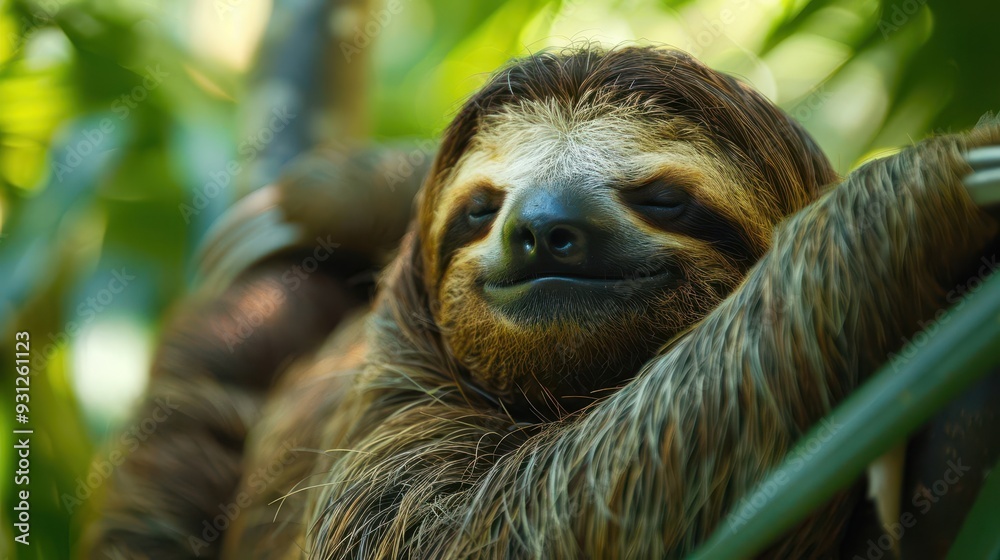 Lazy sloth hanging from tropical tree branch, Lazy sloth hanging from tropical tree branch,