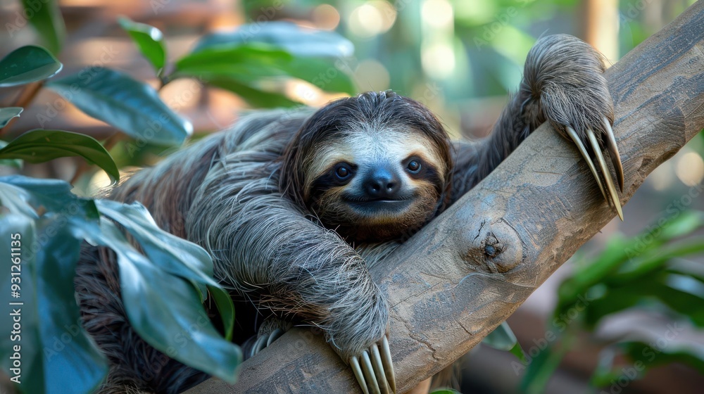 Lazy sloth hanging from tropical tree branch, Lazy sloth hanging from tropical tree branch,