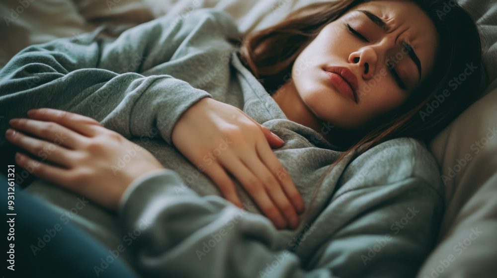 Close-up of a woman in a hoodie, lying on her side with her hands on her stomach, dealing Close-up of a woman in a hoodie, lying on her side with her hands on her stomach, dealing